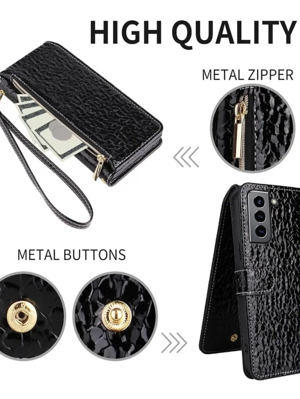 Samsung S21 Phone Black Luxury Wallet Case w/Wrist & Shoulder Straps, NWT